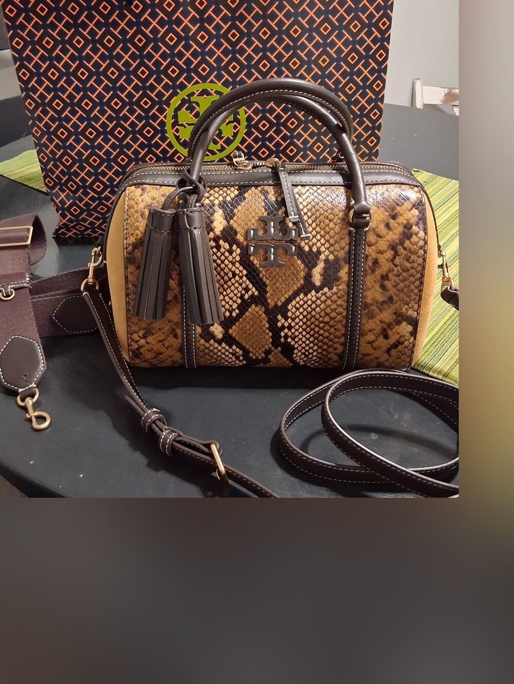 Tory Burch Brown and Tan Snake-Print Mini Satchel
